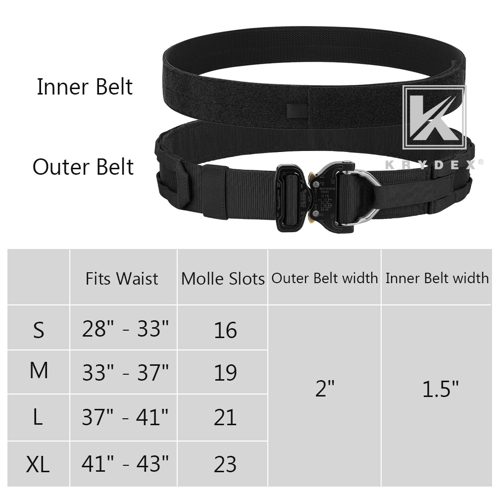 KRYDEX 1.75-2 in D-ring Tactical Heavy Duty Rigger Belt Cobra Buckle MOLLE Battle Belt
