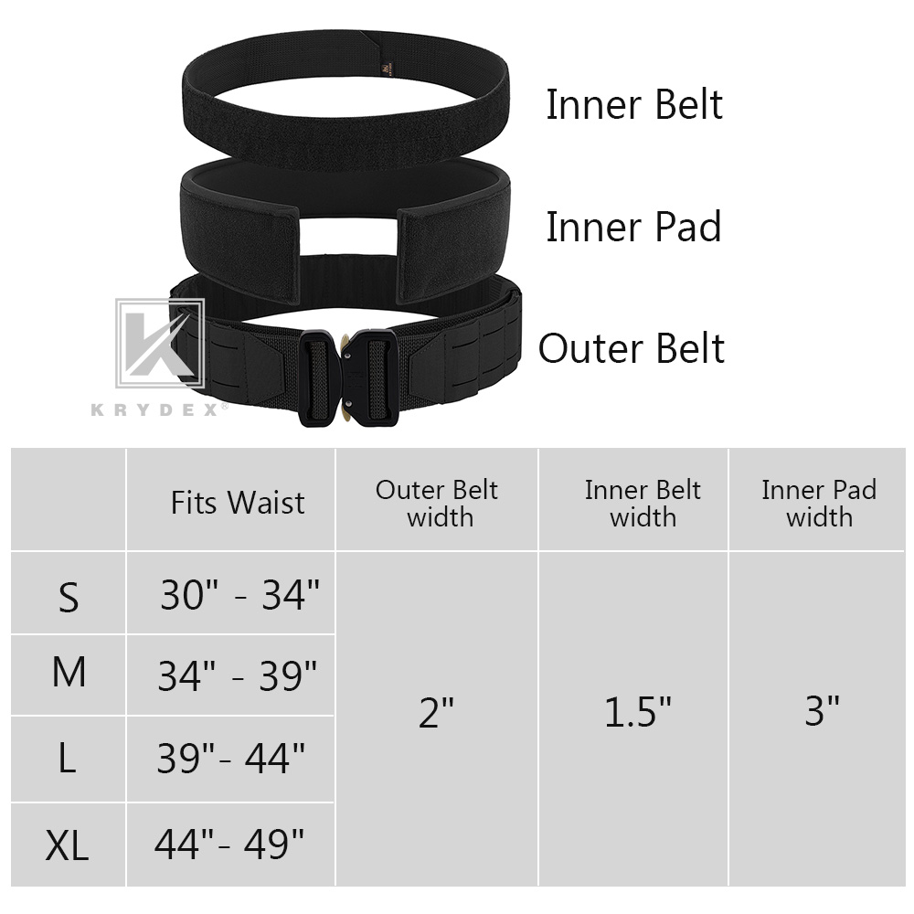 KRYDEX Tactical Battle Belt Laser Cut MOLLE Duty Pad Quick Release Buckle Black