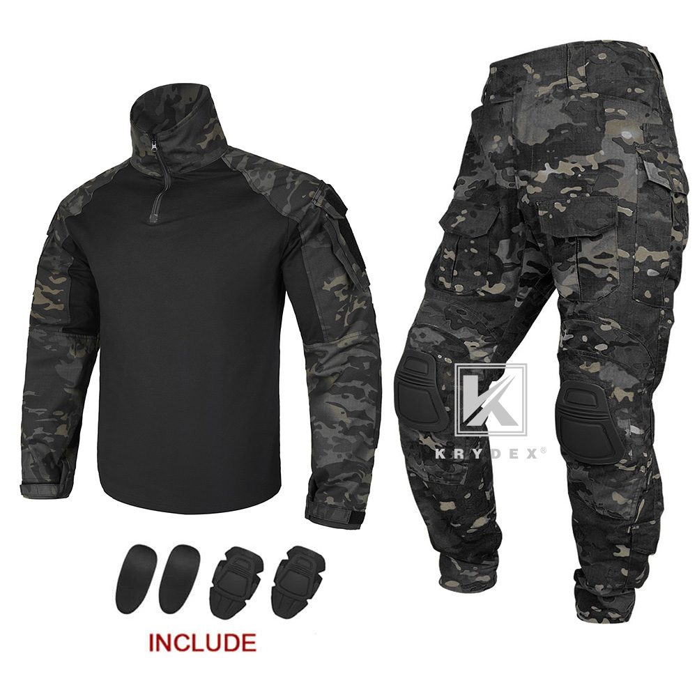 KRYDEX Gen3 Combat Uniform Tactical Shirt & Pant w/ Elbow & Knee Pads Black Camo