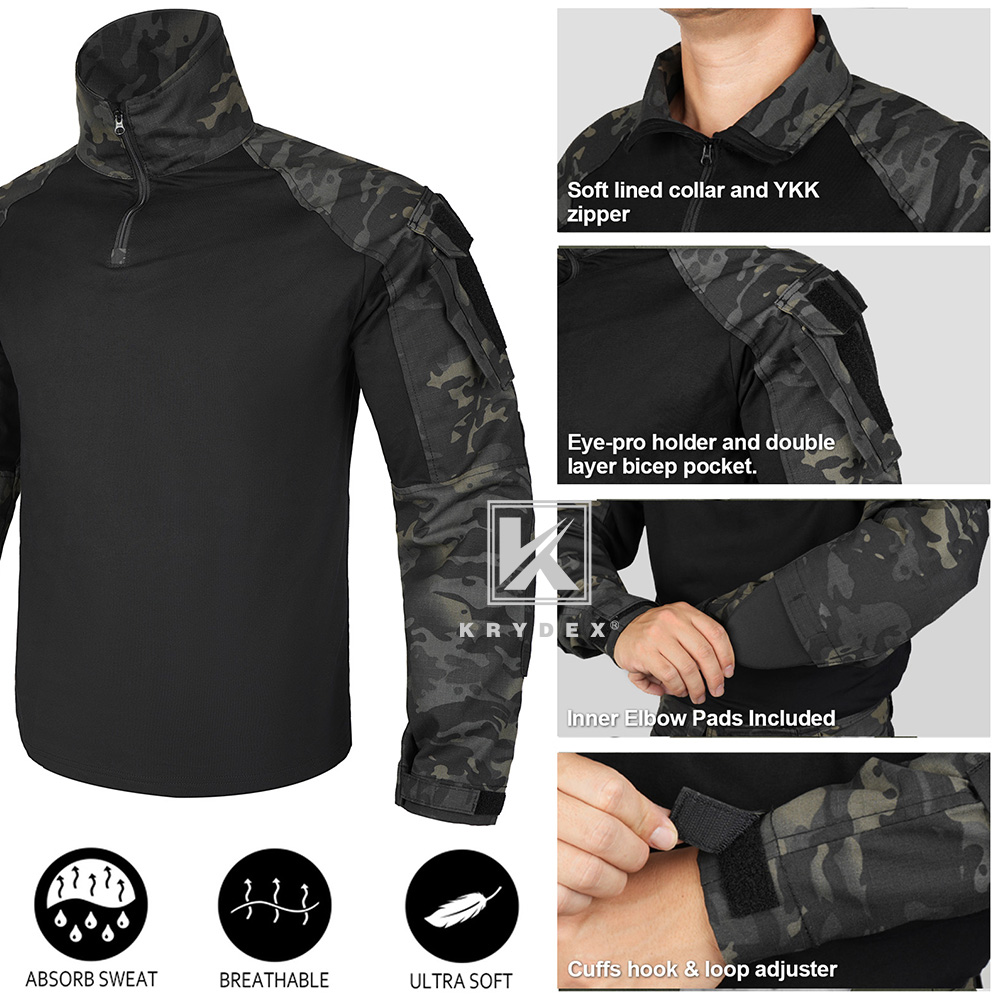 KRYDEX Gen3 Combat Uniform Tactical Shirt & Pant w/ Elbow & Knee Pads Black Camo