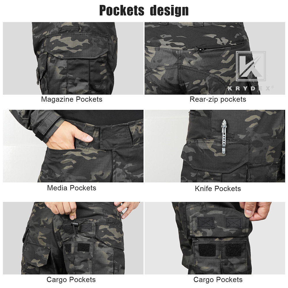 KRYDEX Gen3 Combat Uniform Tactical Shirt & Pant w/ Elbow & Knee Pads Black Camo