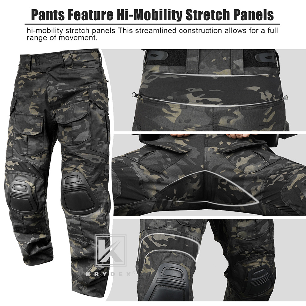 KRYDEX Gen3 Combat Uniform Tactical Shirt & Pant w/ Elbow & Knee Pads Black Camo