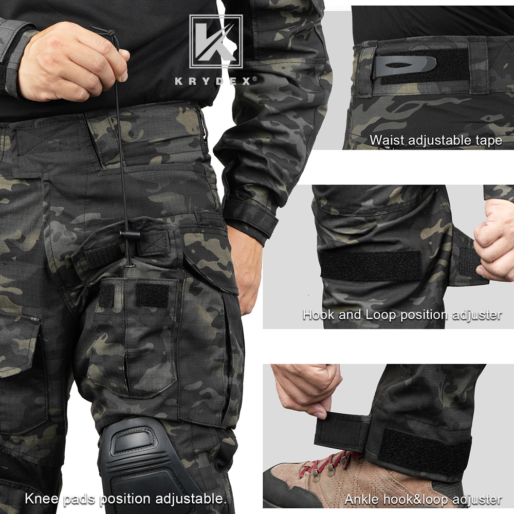 KRYDEX Gen3 Combat Uniform Tactical Shirt & Pant w/ Elbow & Knee Pads Black Camo