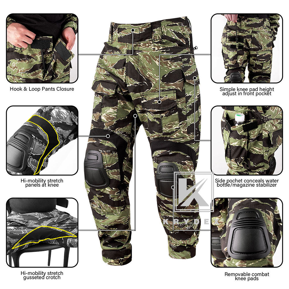 KRYDEX G3 Combat Shirt Men's Top Uniform with Elbow Pads Clothing Airsoft Green Tiger Stripes Camo
