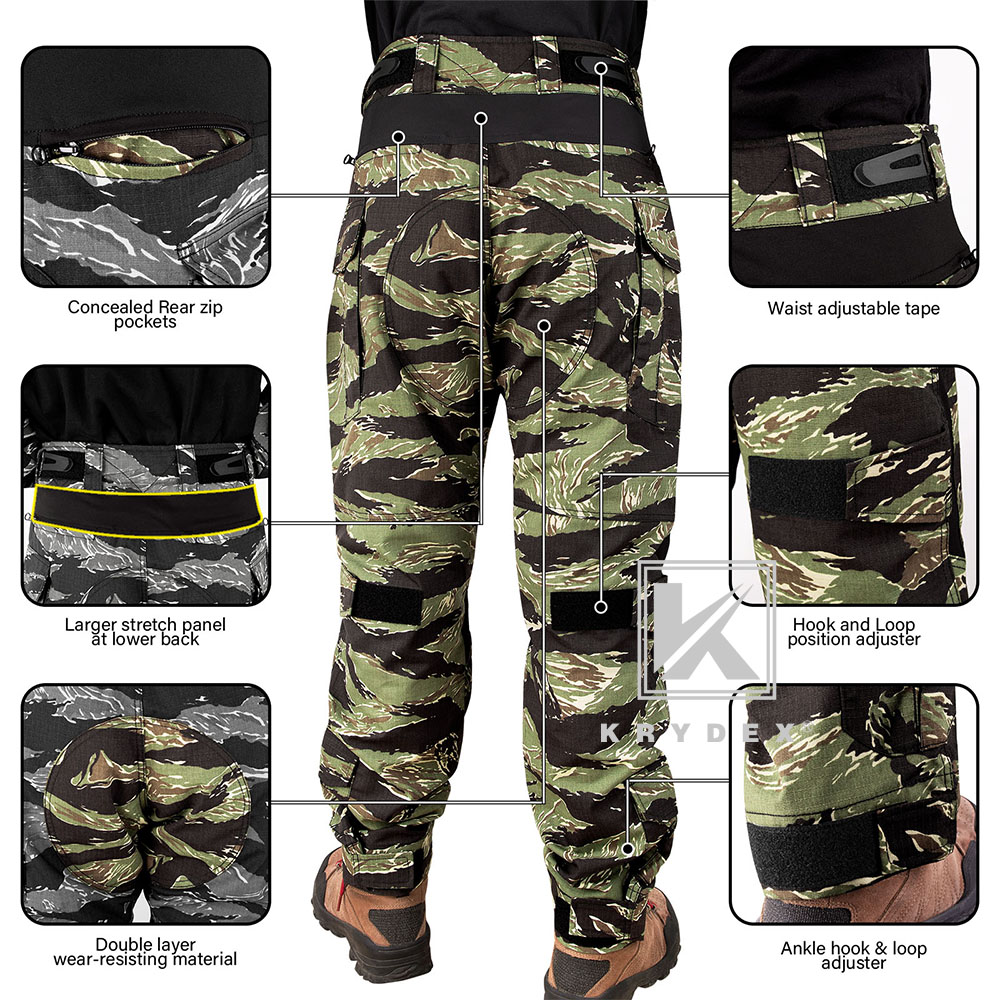 KRYDEX G3 Combat Shirt Men's Top Uniform with Elbow Pads Clothing Airsoft Green Tiger Stripes Camo