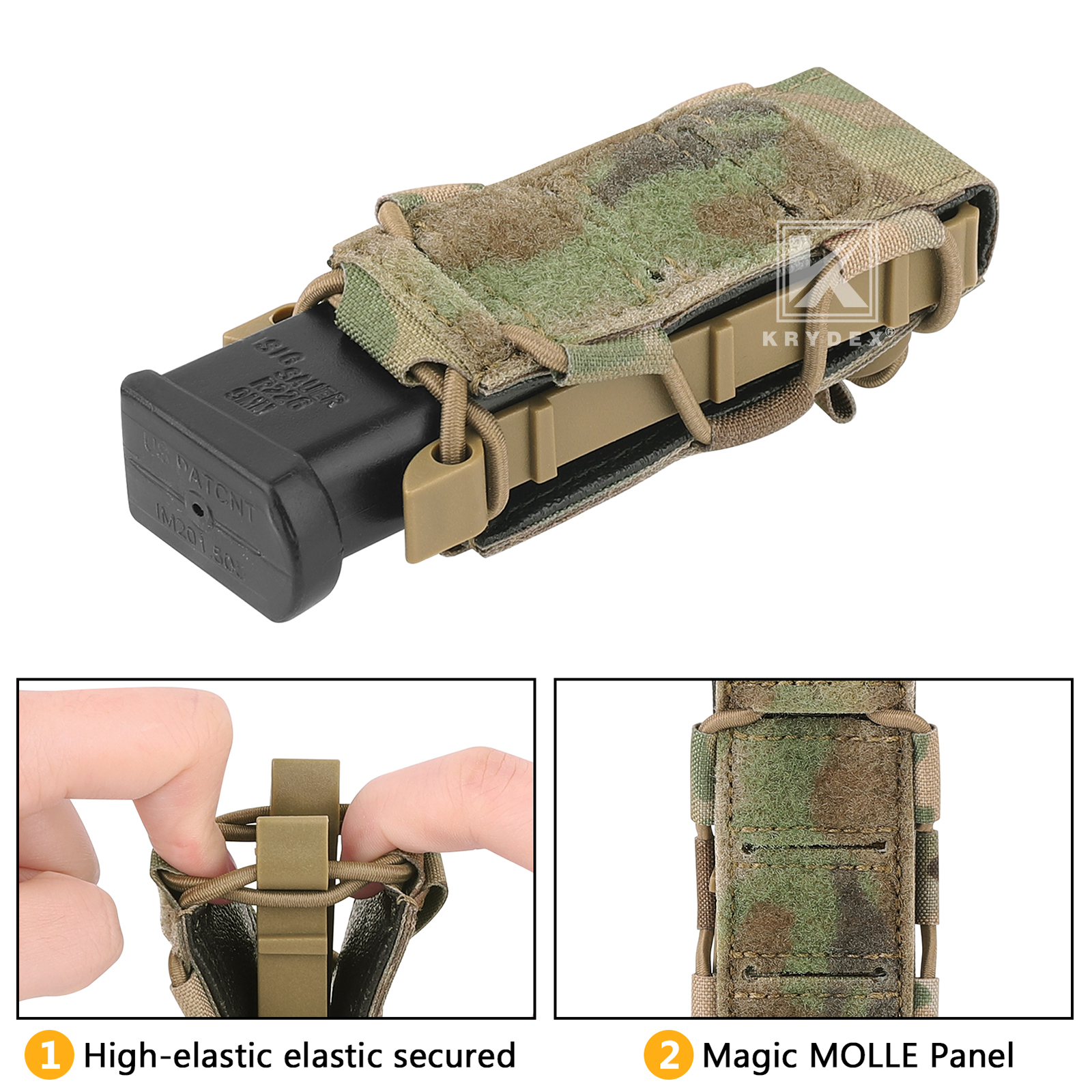 KRYDEX Tactical 9mm Magazine Pouch Open Top Pistol Mag Holder Rapid Access MOLLE
