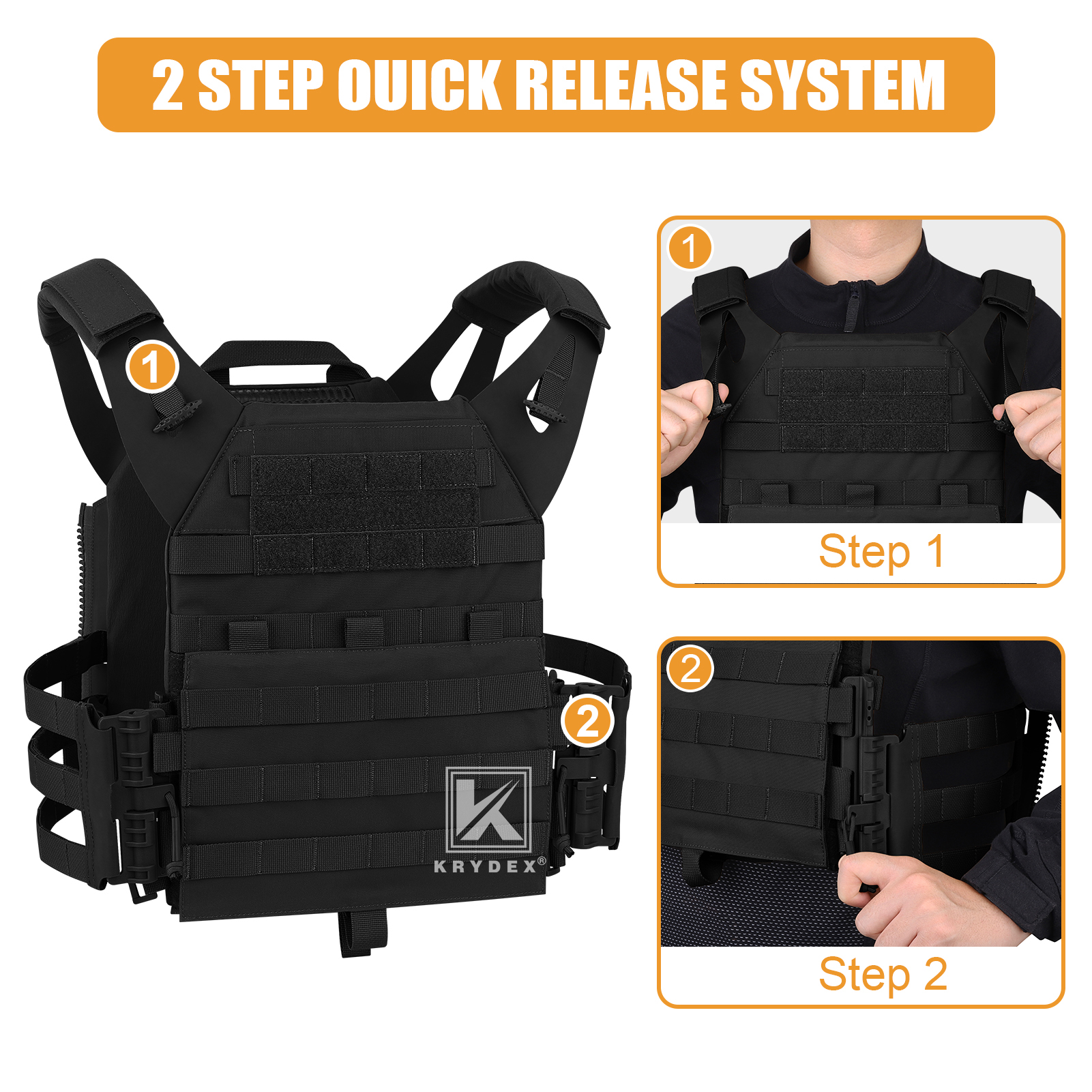 KRYDEX 2.0 Tactical Plate Carrier Jump Quick Release Armor Vest and MOLLE Panel Black