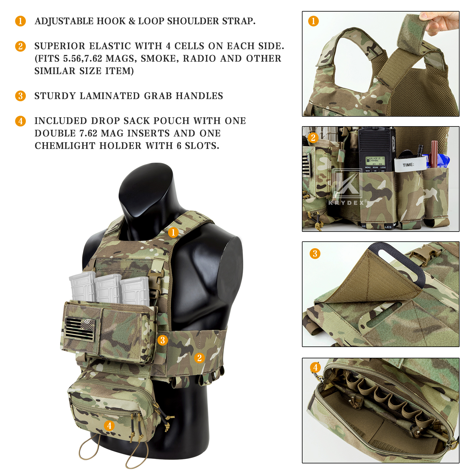 KRYDEX Slick Plate Carrier & Micro Fight Placard & Mag Pouch & Drop Pouch Camo